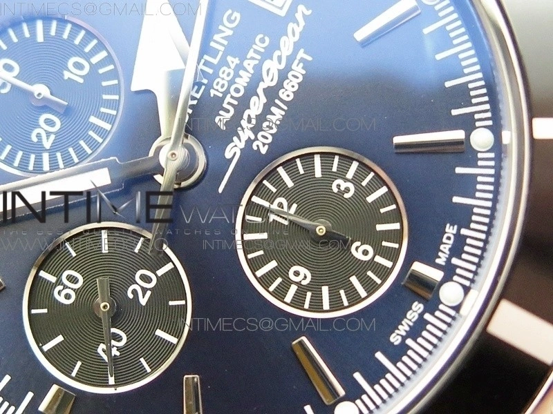 SuperOcean A13312 46mm Black Bezel Blue Dial black subdial on SS Bracelet A7750