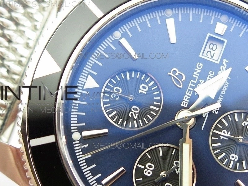 SuperOcean A13312 46mm Black Bezel Blue Dial black subdial on SS Bracelet A7750