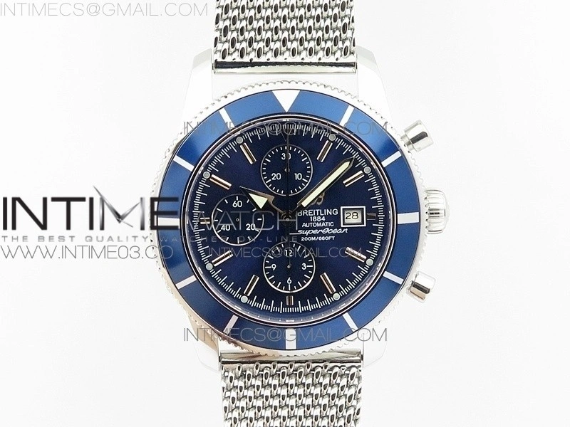 SuperOcean A13312 46mm Blue Bezel Blue Dial on SS Bracelet A7750