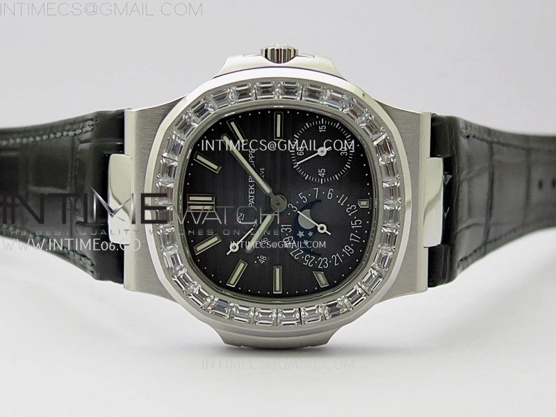 Nautilus 5722G SS T Diamonds PPF 1:1 Best Edition Blue Dial on Black Leather Strap A240 Super Clone
