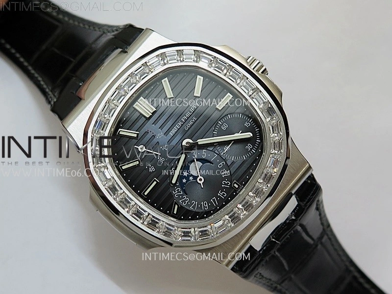 Nautilus 5722G SS T Diamonds PPF 1:1 Best Edition Blue Dial on Black Leather Strap A240 Super Clone