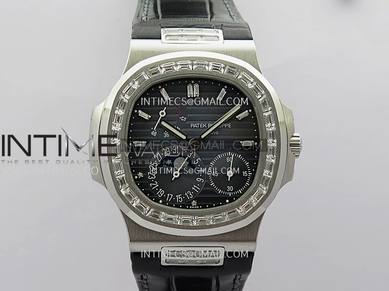 Nautilus 5724G SS T Diamonds PPF 1:1 Best Edition Blue Dial on Black Leather Strap A240 Super Clone