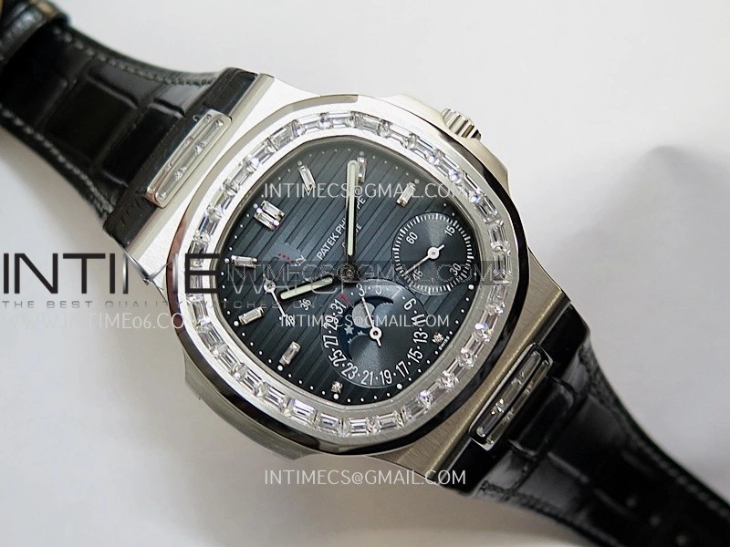 Nautilus 5724G SS T Diamonds PPF 1:1 Best Edition Blue Dial on Black Leather Strap A240 Super Clone