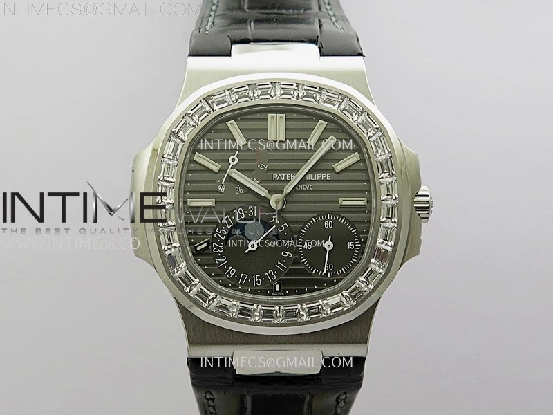Nautilus 5722G SS T Diamonds PPF 1:1 Best Edition Gray Dial on Black Leather Strap A240 Super Clone