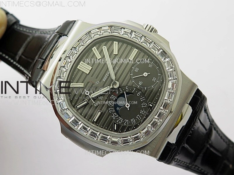 Nautilus 5722G SS T Diamonds PPF 1:1 Best Edition Gray Dial on Black Leather Strap A240 Super Clone