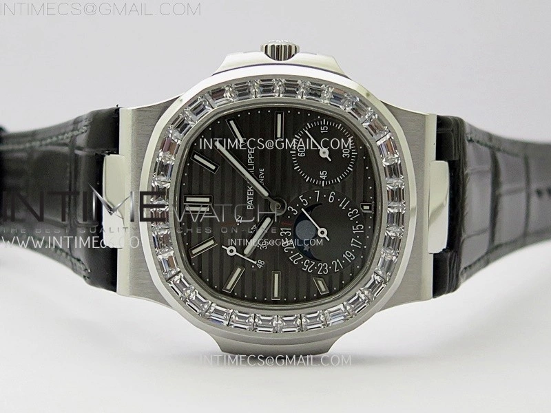 Nautilus 5722G SS T Diamonds PPF 1:1 Best Edition Gray Dial on Black Leather Strap A240 Super Clone