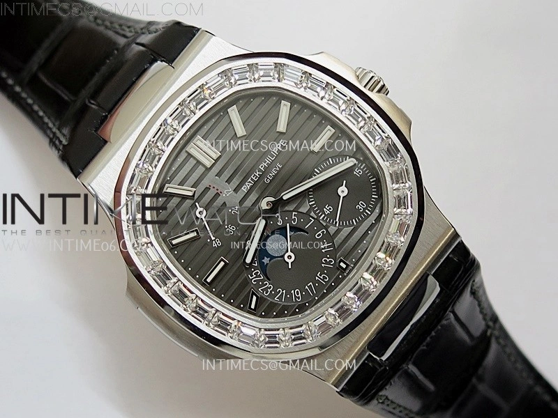 Nautilus 5722G SS T Diamonds PPF 1:1 Best Edition Gray Dial on Black Leather Strap A240 Super Clone