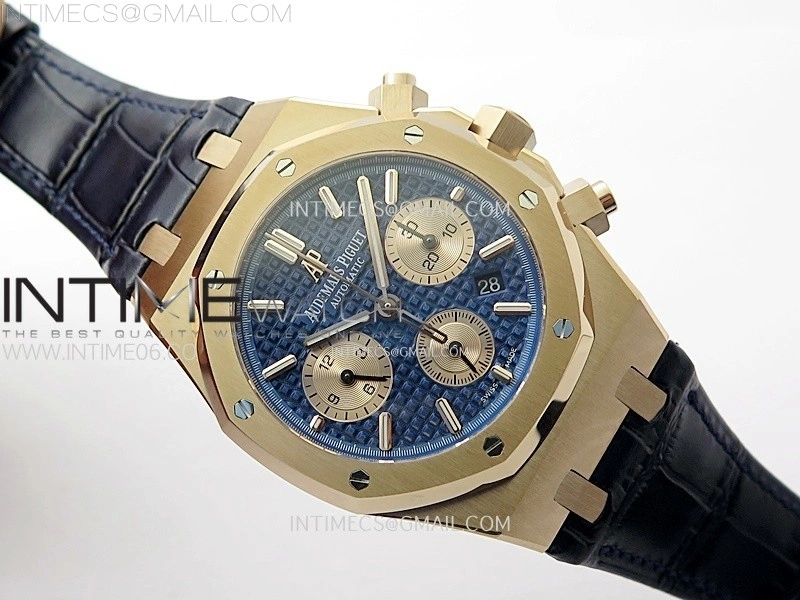 Royal Oak Chrono 26331ST RG IPF 1:1 Best Edition Blue Dial rose gold subdial on Blue Leather Strap A7750