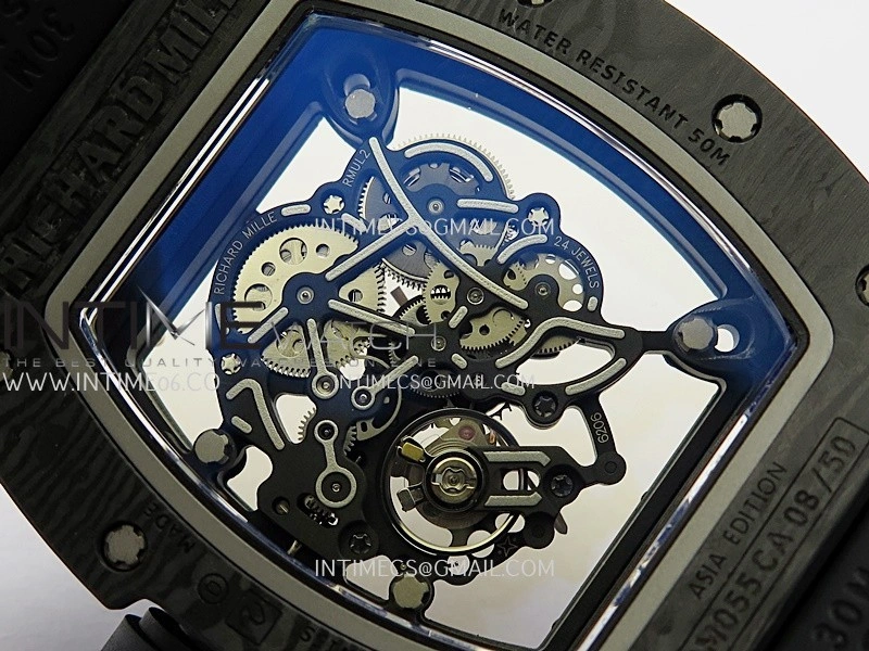 RM055 RG Inner Bezel Black Crown NTPT ZF 1:1 Best Edition Skeleton Dial On Black Shark Rubber Strap RMUL2 Super Clone