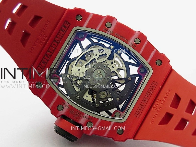 RM035-02 Real Red NTPT ZF 1:1 Best Edition Skeleton Dial On Red Rubber Strap Real Super Clone RMAL1 V7