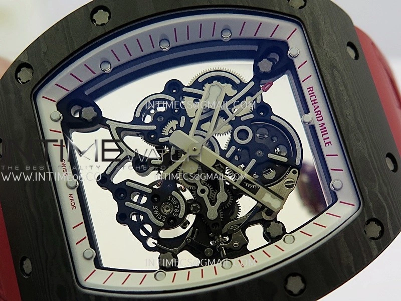 RM055 White Inner Bezel Red Crown NTPT ZF 1:1 Best Edition Skeleton Dial On Red Shark Rubber Strap RMUL2 Super Clone
