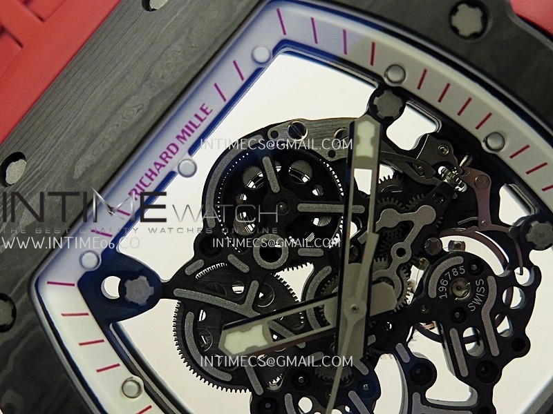 RM055 White Inner Bezel Red Crown NTPT ZF 1:1 Best Edition Skeleton Dial On Red Shark Rubber Strap RMUL2 Super Clone