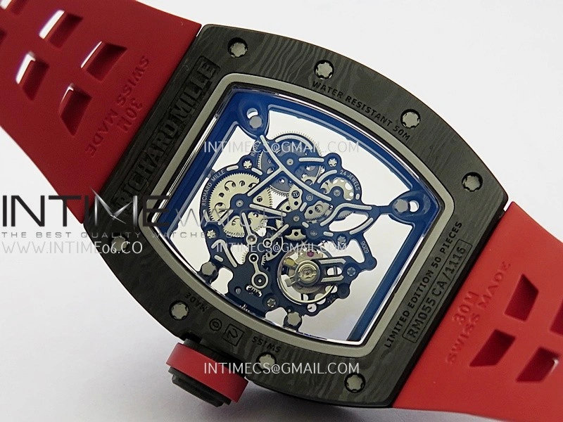 RM055 White Inner Bezel Red Crown NTPT ZF 1:1 Best Edition Skeleton Dial On Red Shark Rubber Strap RMUL2 Super Clone