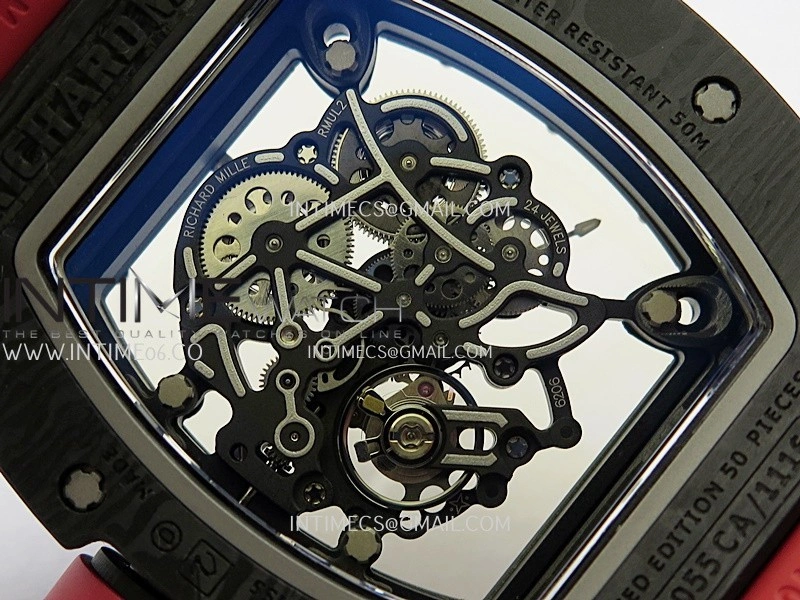 RM055 White Inner Bezel Red Crown NTPT ZF 1:1 Best Edition Skeleton Dial On Red Shark Rubber Strap RMUL2 Super Clone