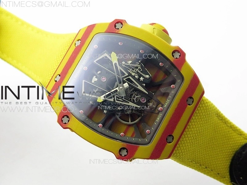 RM027-03 Real Tourbillon YSF Best Edition Yellow Red Carbon Skeleton Dial on Yellow Nylon Strap