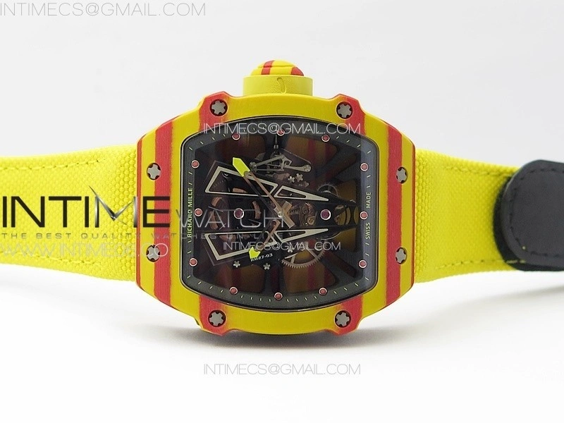 RM027-03 Real Tourbillon YSF Best Edition Yellow Red Carbon Skeleton Dial on Yellow Nylon Strap