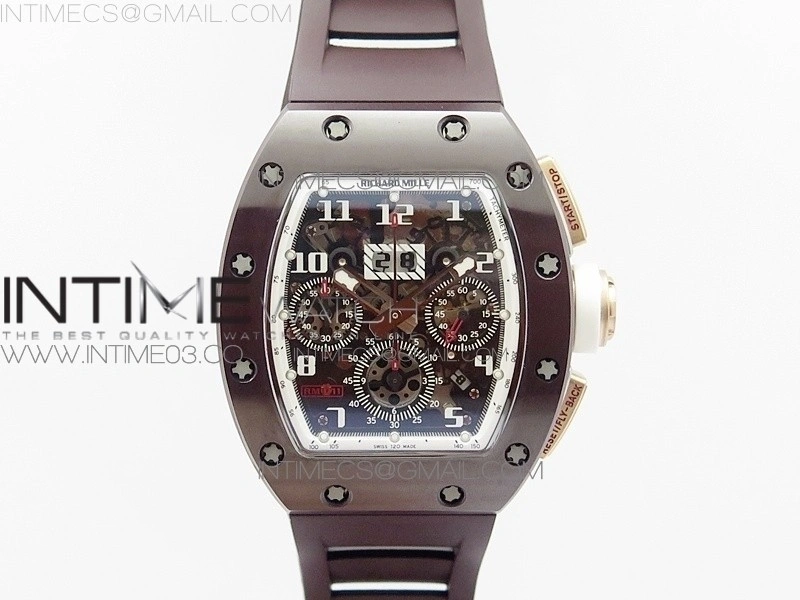 RM011 RG Case Chronograph KVF 1:1 Best Edition Black Ceramic Bezel Skeleton Dial on Brown Rubber Strap A7750