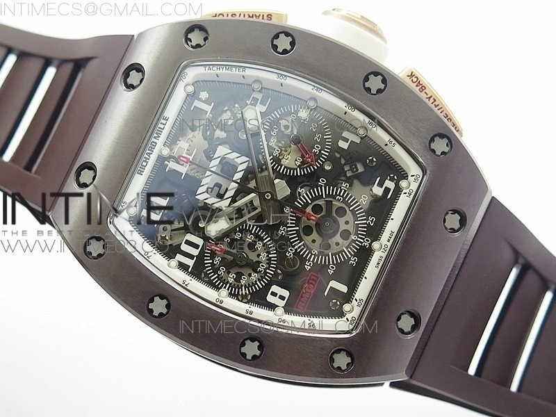 RM011 RG Case Chronograph KVF 1:1 Best Edition Black Ceramic Bezel Skeleton Dial on Brown Rubber Strap A7750