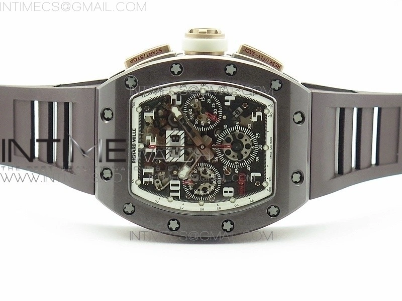 RM011 RG Case Chronograph KVF 1:1 Best Edition Black Ceramic Bezel Skeleton Dial on Brown Rubber Strap A7750