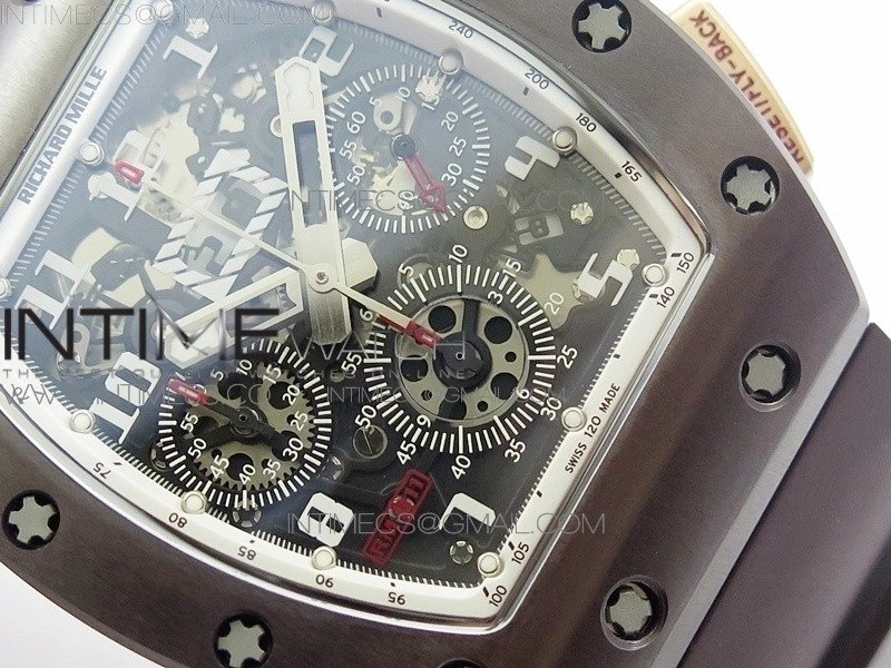 RM011 RG Case Chronograph KVF 1:1 Best Edition Black Ceramic Bezel Skeleton Dial on Brown Rubber Strap A7750