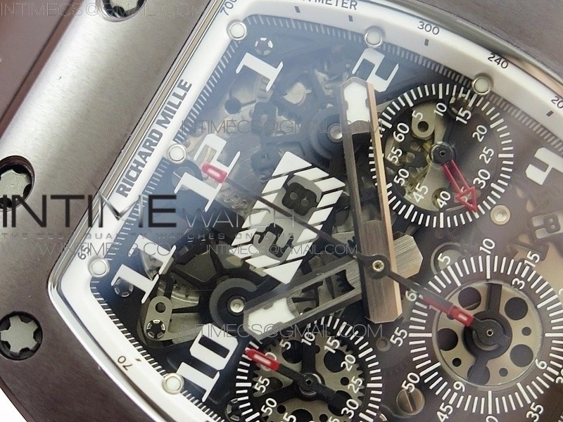 RM011 RG Case Chronograph KVF 1:1 Best Edition Black Ceramic Bezel Skeleton Dial on Brown Rubber Strap A7750