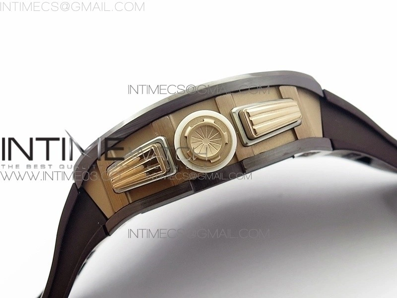 RM011 RG Case Chronograph KVF 1:1 Best Edition Black Ceramic Bezel Skeleton Dial on Brown Rubber Strap A7750