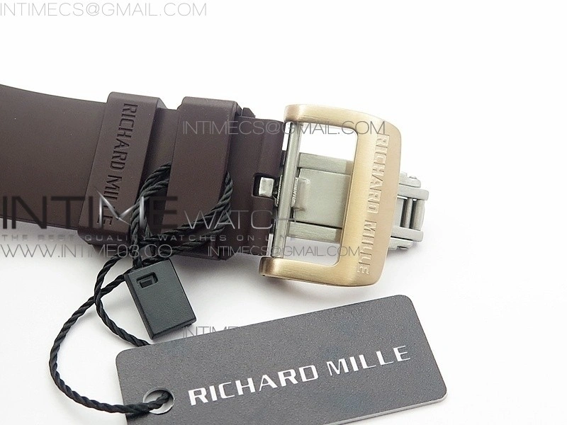 RM011 RG Case Chronograph KVF 1:1 Best Edition Black Ceramic Bezel Skeleton Dial on Brown Rubber Strap A7750