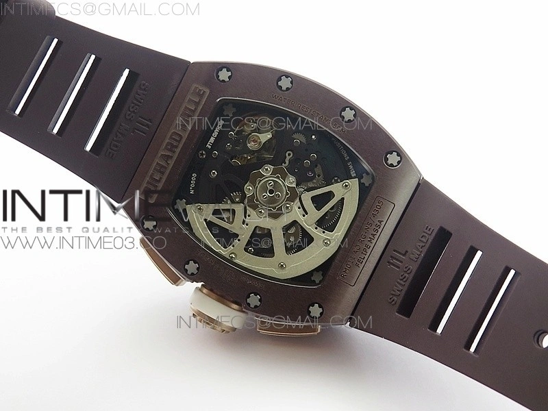RM011 RG Case Chronograph KVF 1:1 Best Edition Black Ceramic Bezel Skeleton Dial on Brown Rubber Strap A7750