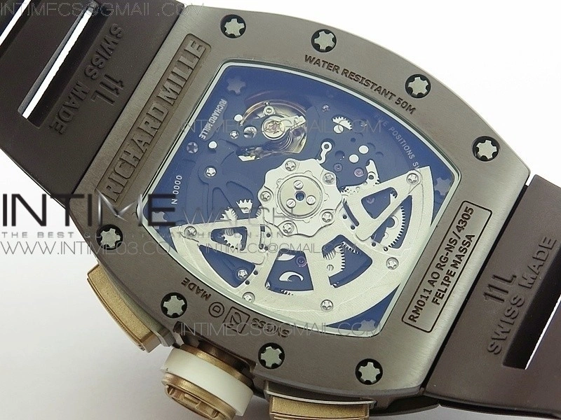 RM011 RG Case Chronograph KVF 1:1 Best Edition Black Ceramic Bezel Skeleton Dial on Brown Rubber Strap A7750