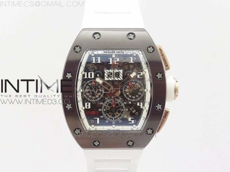 RM011 RG Case Chronograph KVF 1:1 Best Edition Black Ceramic Bezel Skeleton Dial on White Rubber Strap A7750