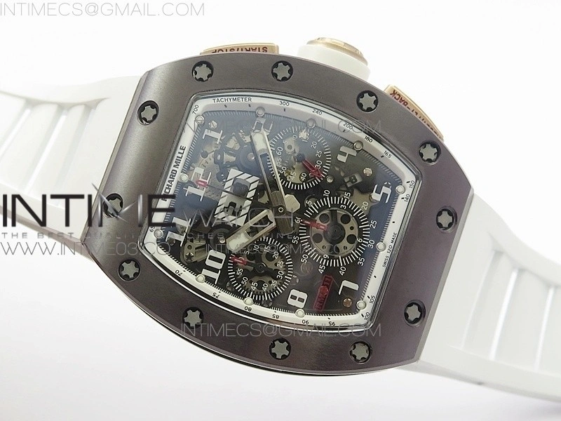 RM011 RG Case Chronograph KVF 1:1 Best Edition Black Ceramic Bezel Skeleton Dial on White Rubber Strap A7750