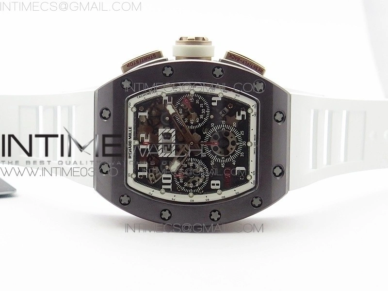 RM011 RG Case Chronograph KVF 1:1 Best Edition Black Ceramic Bezel Skeleton Dial on White Rubber Strap A7750
