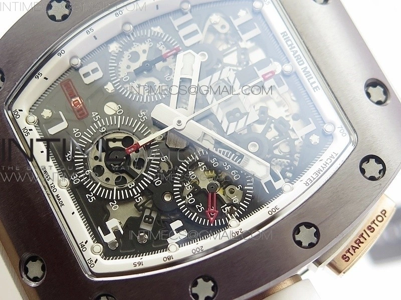 RM011 RG Case Chronograph KVF 1:1 Best Edition Black Ceramic Bezel Skeleton Dial on White Rubber Strap A7750