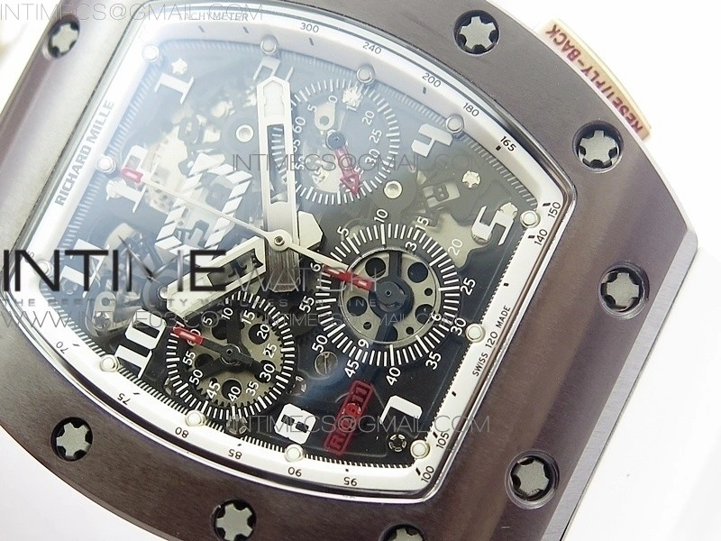 RM011 RG Case Chronograph KVF 1:1 Best Edition Black Ceramic Bezel Skeleton Dial on White Rubber Strap A7750