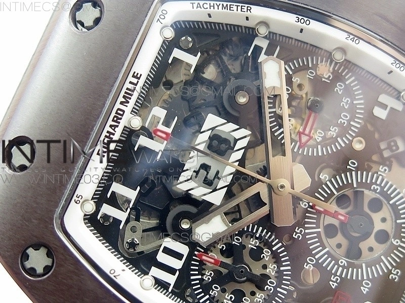 RM011 RG Case Chronograph KVF 1:1 Best Edition Black Ceramic Bezel Skeleton Dial on White Rubber Strap A7750