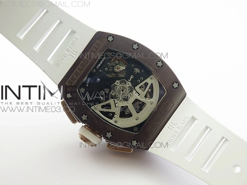 RM011 RG Case Chronograph KVF 1:1 Best Edition Black Ceramic Bezel Skeleton Dial on White Rubber Strap A7750