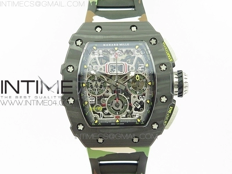 RM011 Carbon Case Chrono KVF 1:1 Best Edition Crystal Skeleton Yellow Dial on Camouflage Rubber Strap A7750