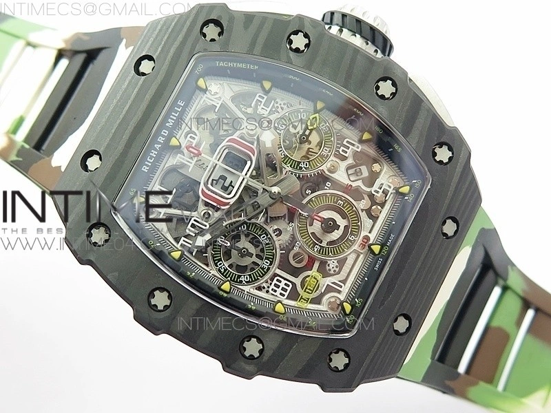 RM011 Carbon Case Chrono KVF 1:1 Best Edition Crystal Skeleton Yellow Dial on Camouflage Rubber Strap A7750