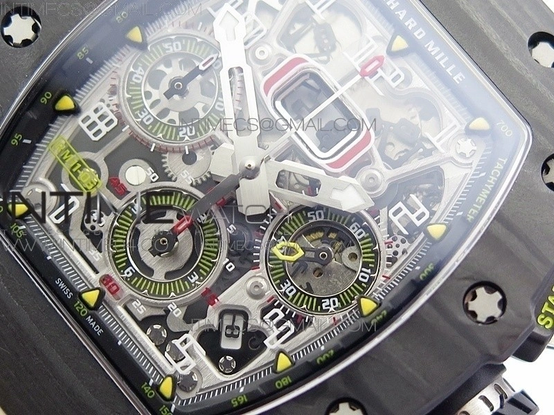 RM011 Carbon Case Chrono KVF 1:1 Best Edition Crystal Skeleton Yellow Dial on Camouflage Rubber Strap A7750
