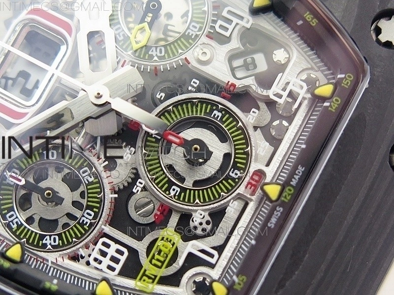 RM011 Carbon Case Chrono KVF 1:1 Best Edition Crystal Skeleton Yellow Dial on Camouflage Rubber Strap A7750