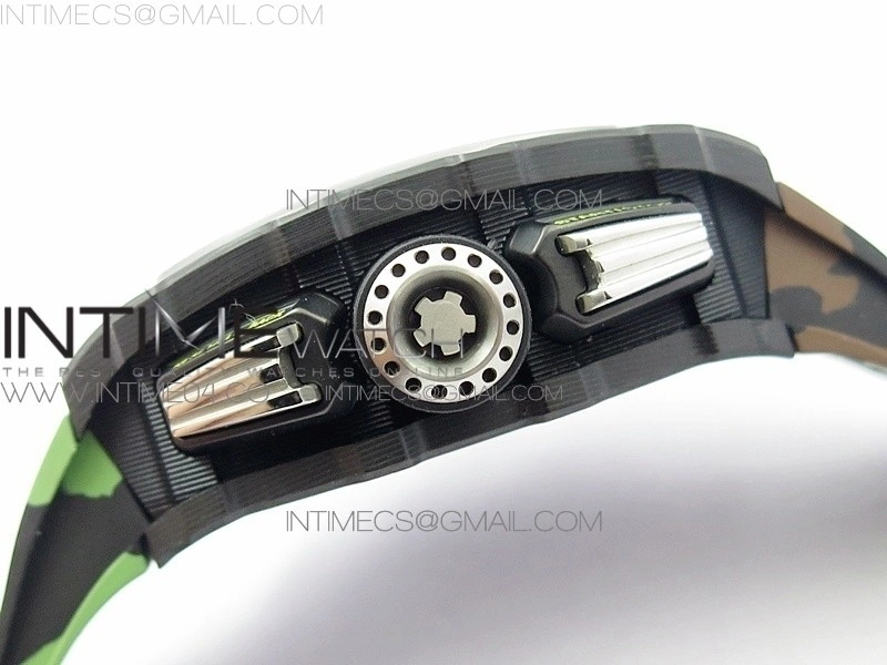 RM011 Carbon Case Chrono KVF 1:1 Best Edition Crystal Skeleton Yellow Dial on Camouflage Rubber Strap A7750