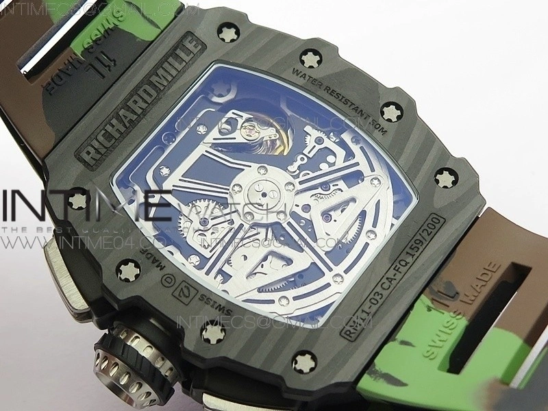 RM011 Carbon Case Chrono KVF 1:1 Best Edition Crystal Skeleton Yellow Dial on Camouflage Rubber Strap A7750