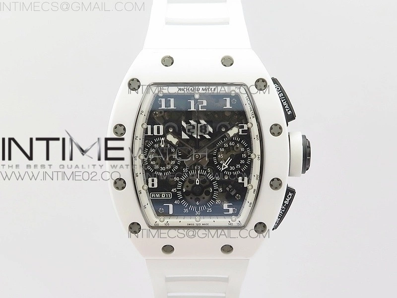 RM011 Carbon Case Chronograph KVF 1:1 Best Edition White Ceramic Bezel Skeleton Dial on White Rubber Strap A7750