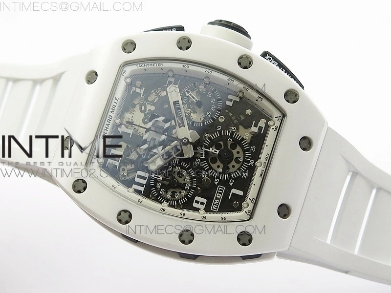 RM011 Carbon Case Chronograph KVF 1:1 Best Edition White Ceramic Bezel Skeleton Dial on White Rubber Strap A7750