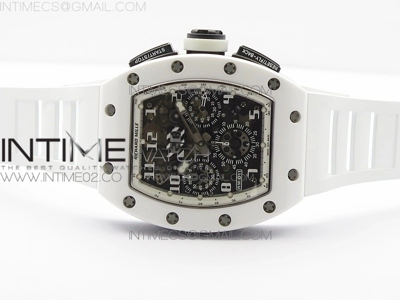 RM011 Carbon Case Chronograph KVF 1:1 Best Edition White Ceramic Bezel Skeleton Dial on White Rubber Strap A7750