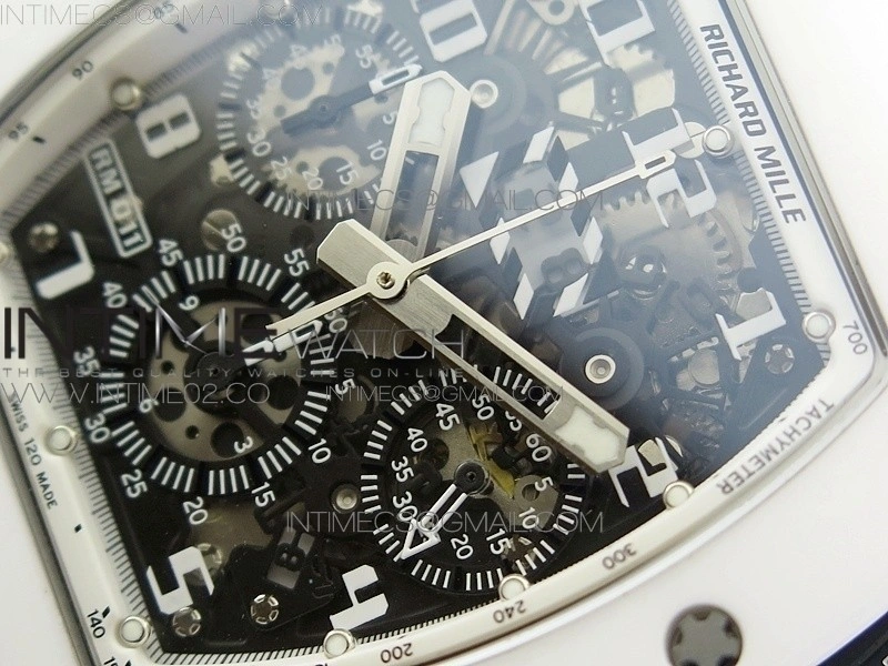 RM011 Carbon Case Chronograph KVF 1:1 Best Edition White Ceramic Bezel Skeleton Dial on White Rubber Strap A7750