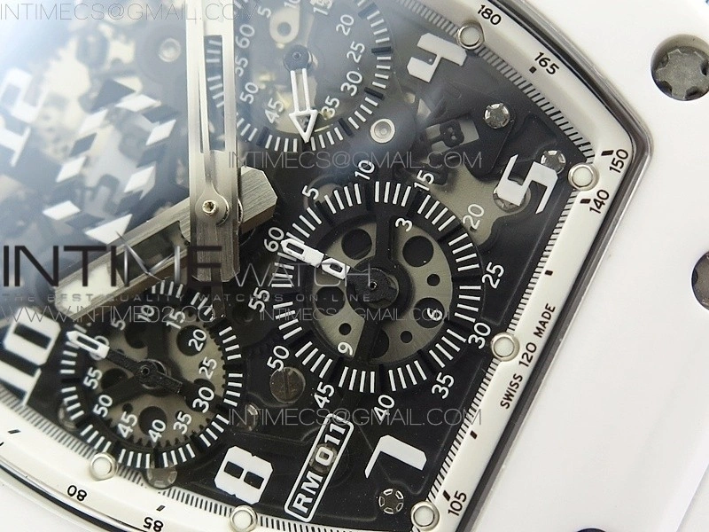 RM011 Carbon Case Chronograph KVF 1:1 Best Edition White Ceramic Bezel Skeleton Dial on White Rubber Strap A7750