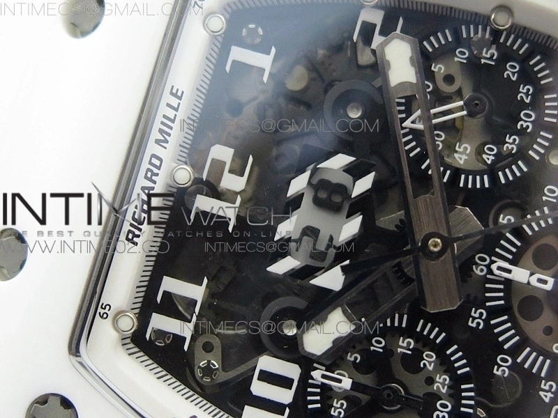 RM011 Carbon Case Chronograph KVF 1:1 Best Edition White Ceramic Bezel Skeleton Dial on White Rubber Strap A7750