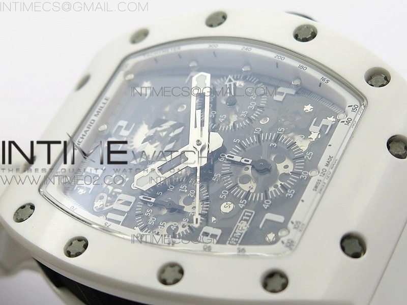 RM011 Carbon Case Chronograph KVF 1:1 Best Edition White Ceramic Bezel Skeleton Dial on White Rubber Strap A7750