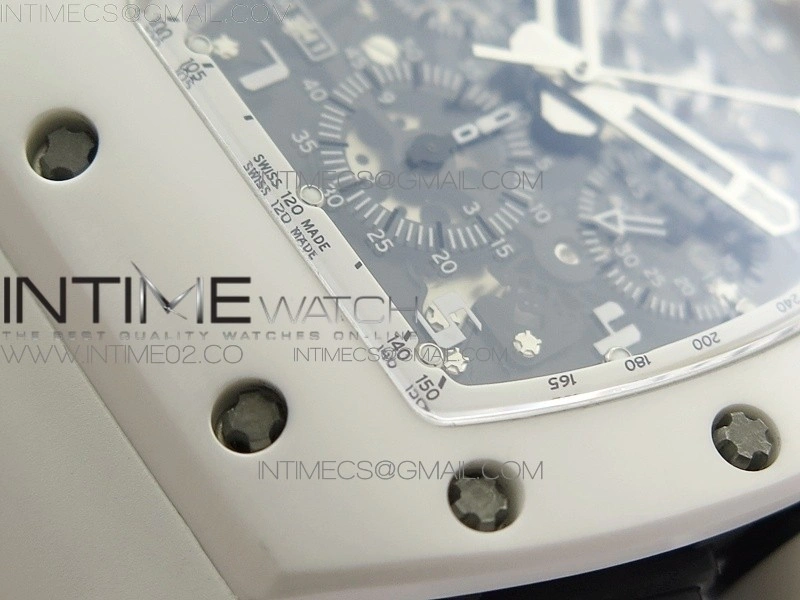 RM011 Carbon Case Chronograph KVF 1:1 Best Edition White Ceramic Bezel Skeleton Dial on White Rubber Strap A7750